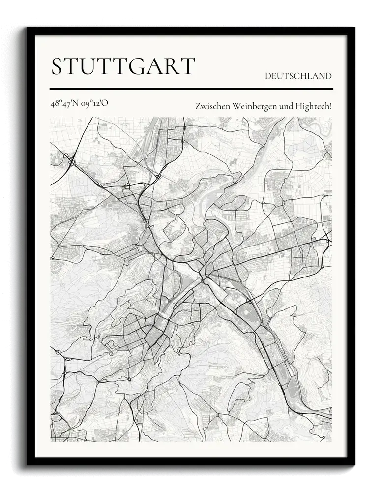 Schwarz-weiße Stadtkarte von Stuttgart im Magazinstil, als Poster im schwarzen Rahmen