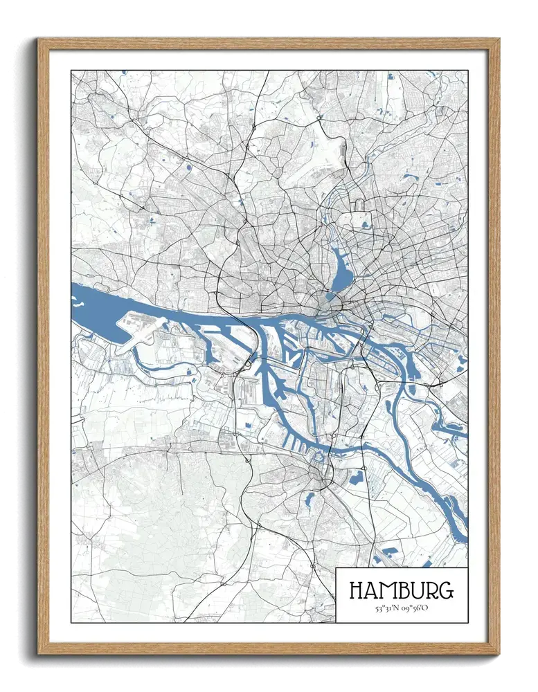 Stadtkarte von Hamburg im Architektenstil mit blauer Elbe, gerahmt in Naturholz