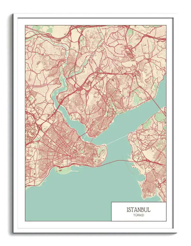 Stadtplan-Poster von Istanbul mit roten Straßen und mintgrünem Wasser im weißen Rahmen