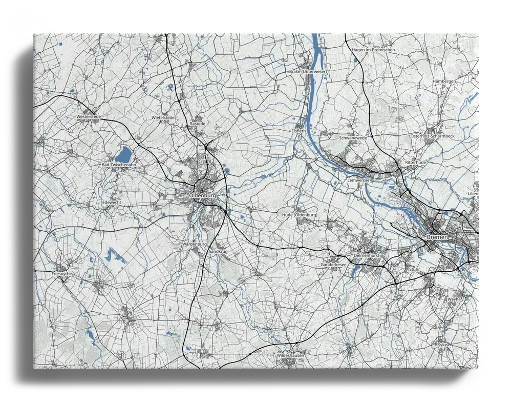 Individuelle Landkarte auf Leinwand, randlos im Querformat mit feinen grauen Straßen und blauen Flüssen