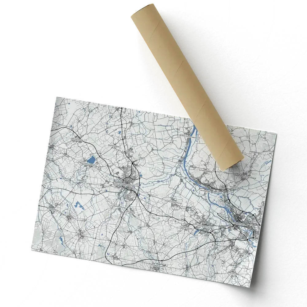 Individuelles Landkartenposter mit grauem Straßennetz und blauen Flüssen, schräg neben einer Versandrolle