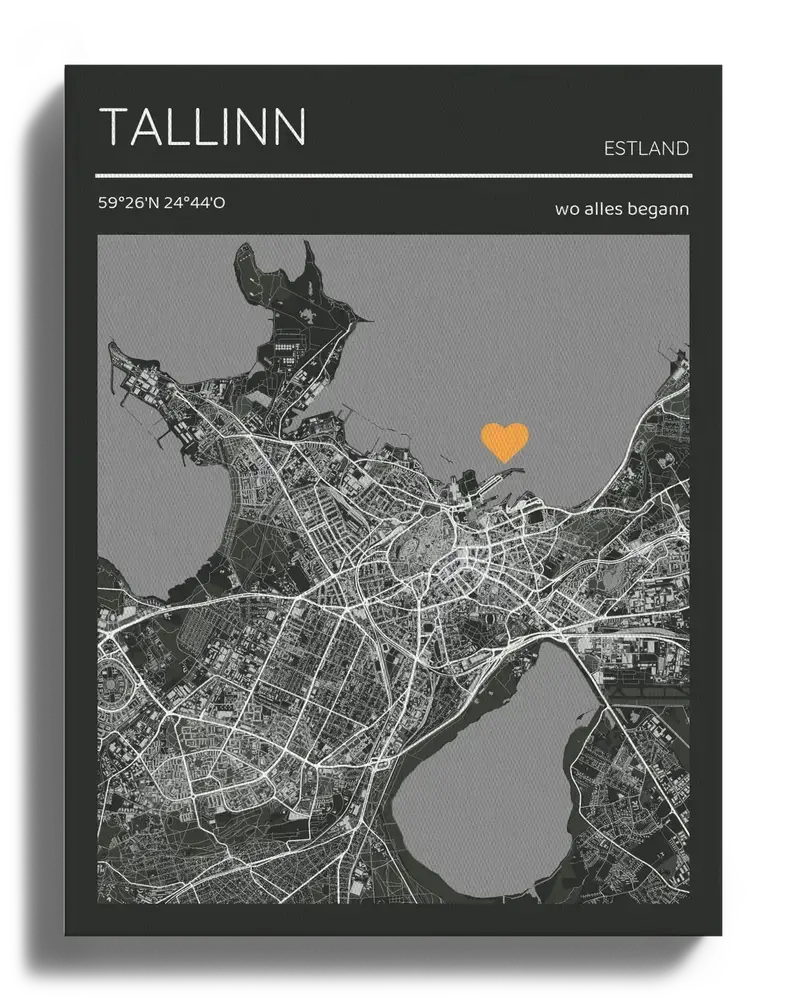Dunkle Stadtkarte auf Leinwand im Magazin-Stil mit orangefarbenem Herzmarker im Hochformat